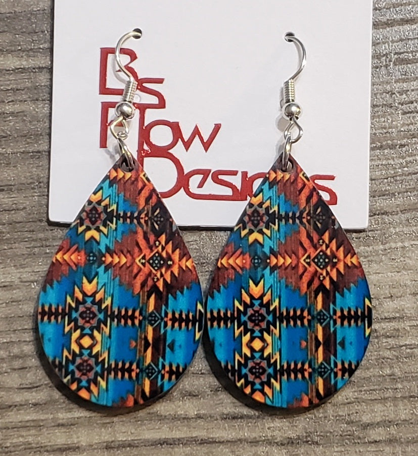 Blue Native Motif Teardrop Earrings