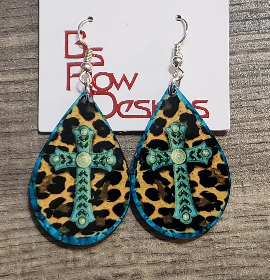 Blue Cross Leopard Teardrop Earrings