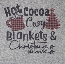 Load image into Gallery viewer, Hot Cocoa, Cozy Blankets &amp; Christmas Movies on Gray Short Sleeve T-Shirt
