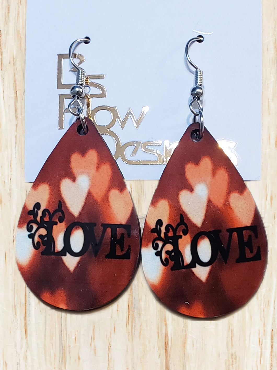 LOVE Pink Hearts Deep Red Background Earrings