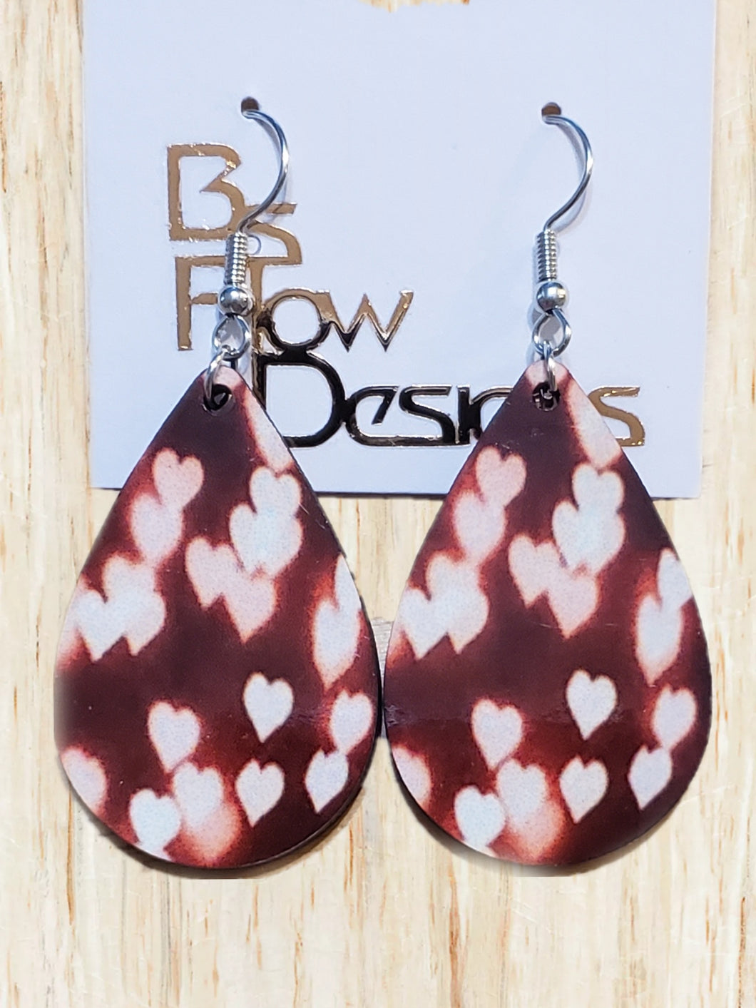 Pink Hearts Deep Red Background Earrings