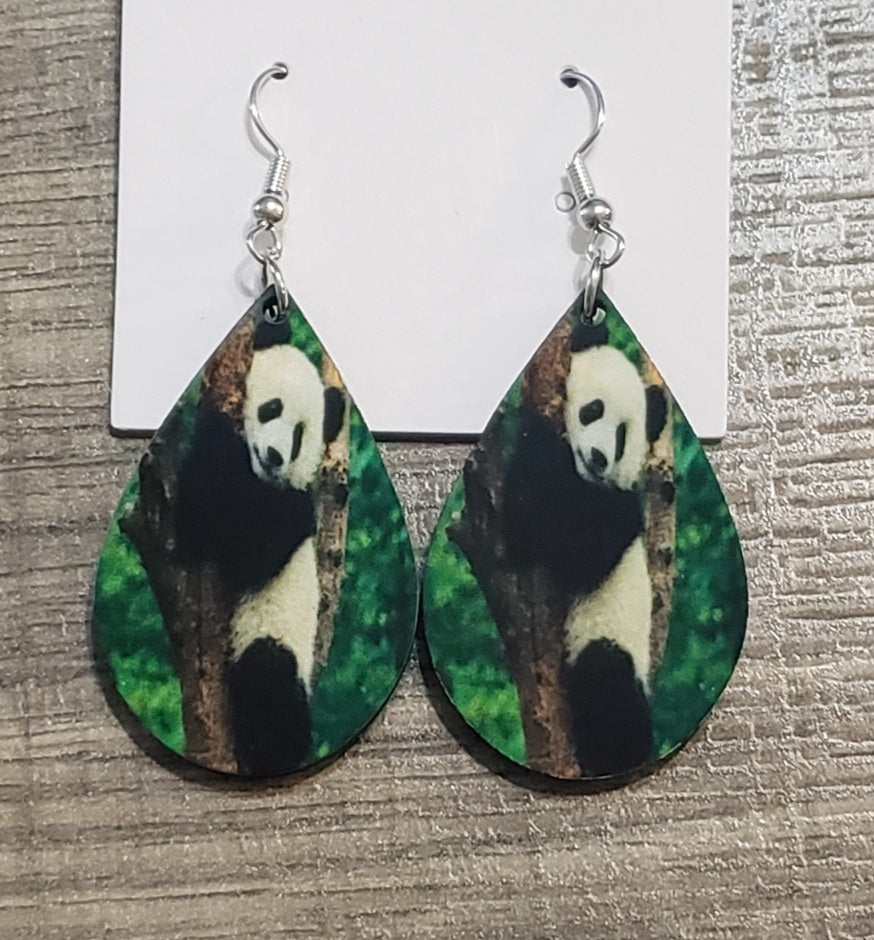Panda Tear Drop Earrings green background